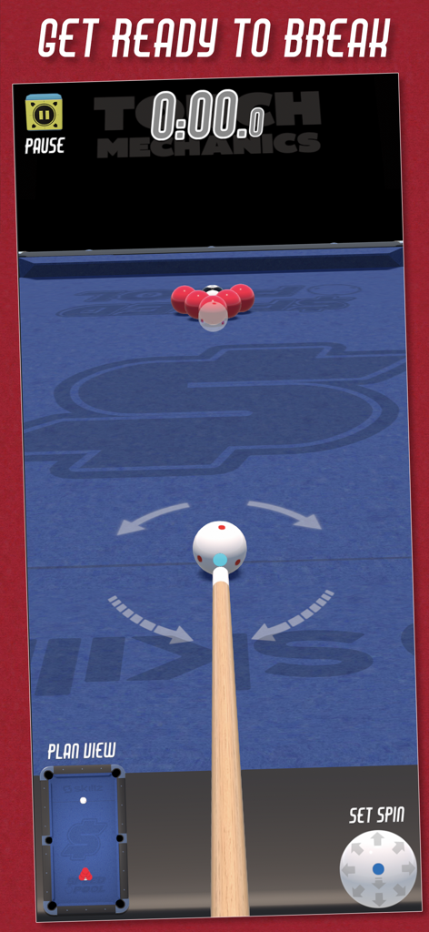 Gameplay screen of Speed Pool showing a cue ball lined up for a break shot on a blue table.