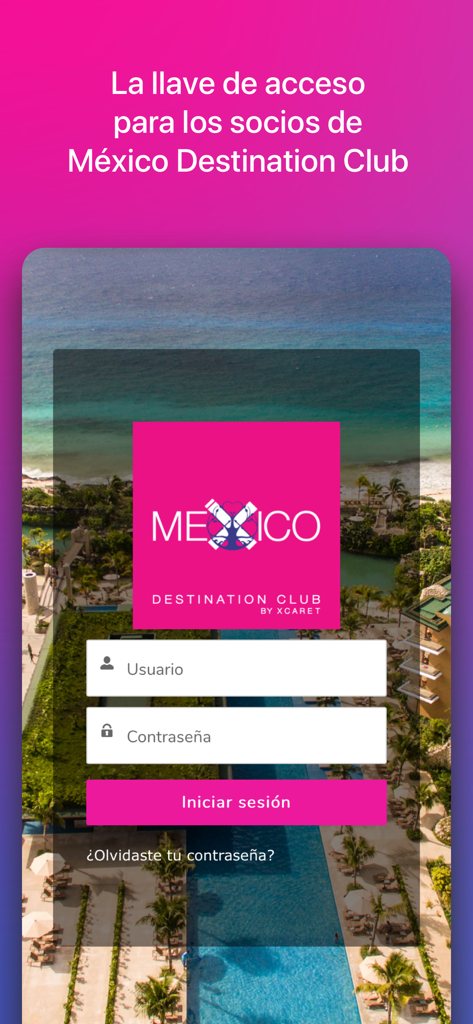 Login interface for Mexico Destination Club members with a luxury resort aerial view background