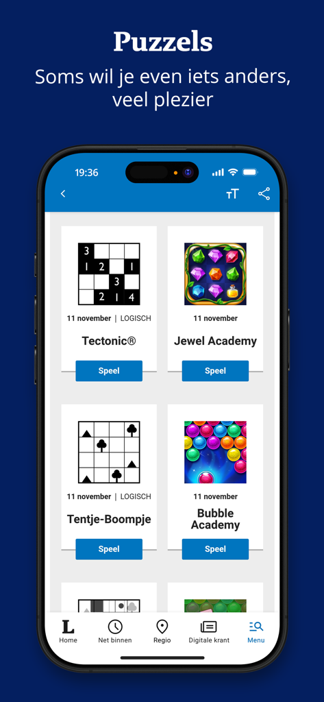 A mobile screen showing the puzzles section of the De Limburger news app with games like Tectonic and Jewel Academy.