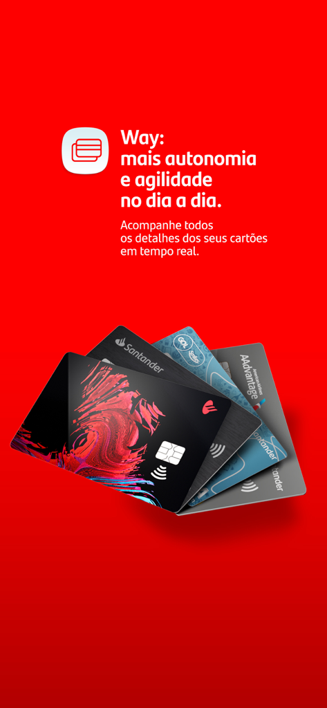 Promotional graphic for the Santander Way app featuring a fan of various Santander credit cards on a bright red background with Portuguese text.