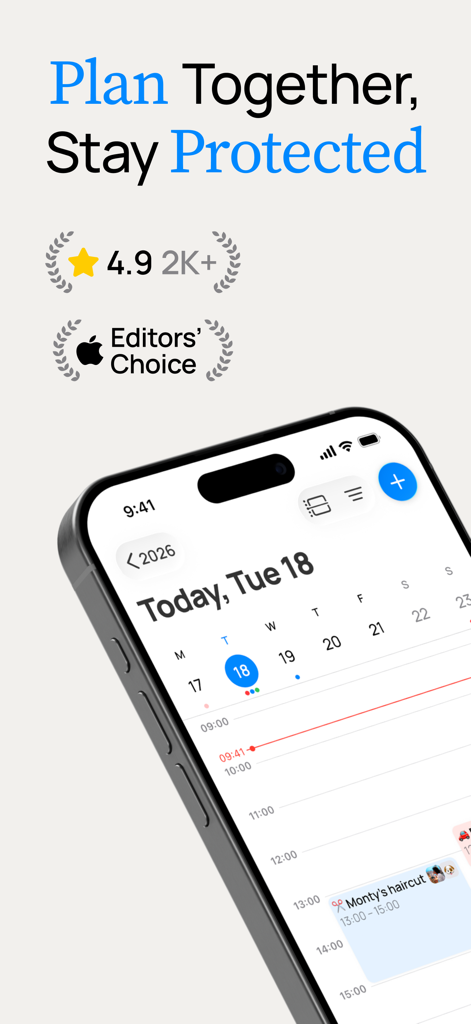 OurCal: Group Calendar Share - OurCal secure shared calendar interface on iPhone featuring high user ratings and Editors Choice badge
