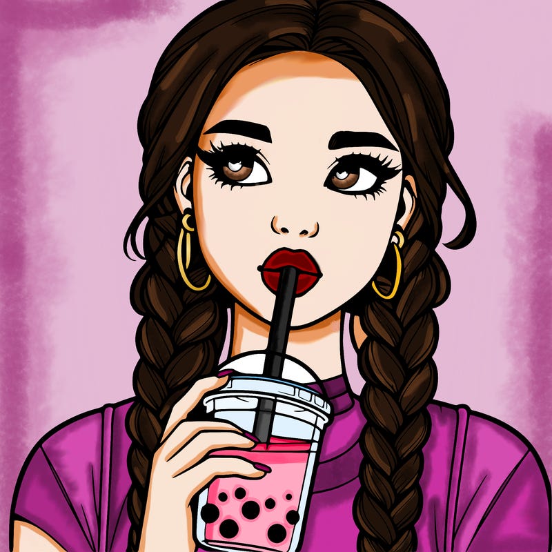 realistic girl with braided hair drinking boba