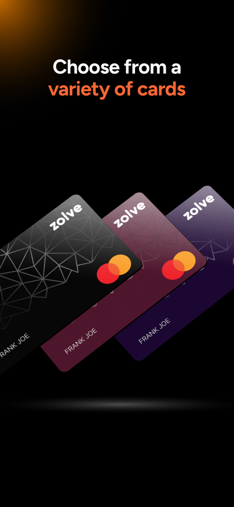Zolve - Global Banking - Display of three Zolve credit card designs in black maroon and purple colors