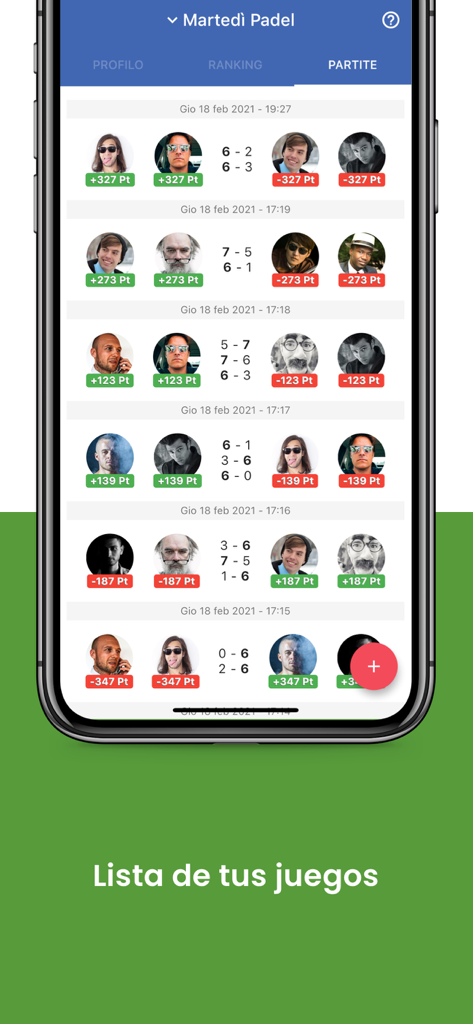 Padel Ranking - App screen showing a list of padel match results and individual points earned by players