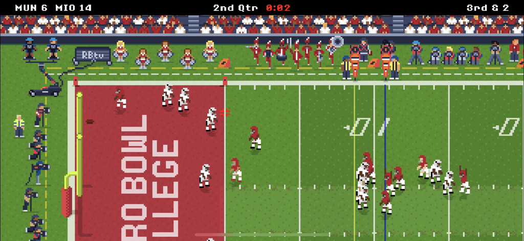 Pixel art football gameplay from Retro Bowl College showing players on the field with a red end zone
