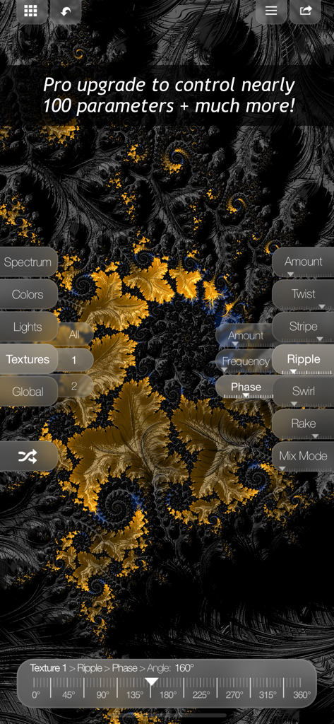 Fraⅹ - Fraxアプリでの、プロフェッショナルな編集コントロールを備えた、複雑な金と黒のフラクタルアート