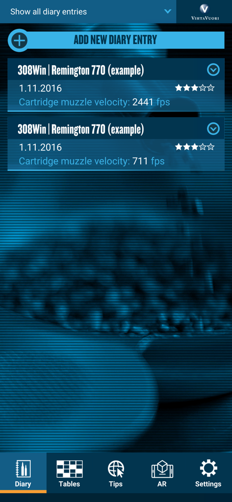 Tagebuchbildschirm der Vihtavuori Reload App, der Messgeschwindigkeits-Logs für 308Win Remington 770 Patronen anzeigt