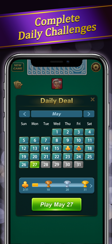 Gin Rummy - Classic Card Game· - Daily Deal calendar screen in the Gin Rummy app showing monthly challenges and trophy rewards progress.