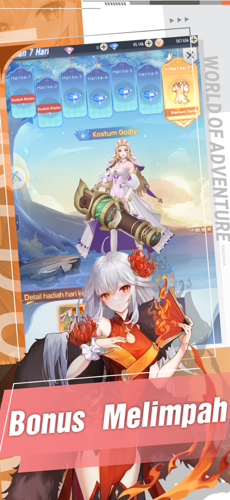 Utopia Awan mobile game login rewards screen showing anime characters and abundant bonus items