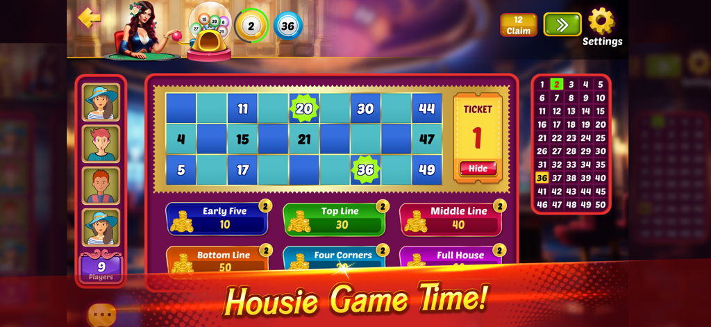 Interfaz de juego de Tambola King mostrando un boleto de Housie digital con patrones de victoria y avatares de jugadores.