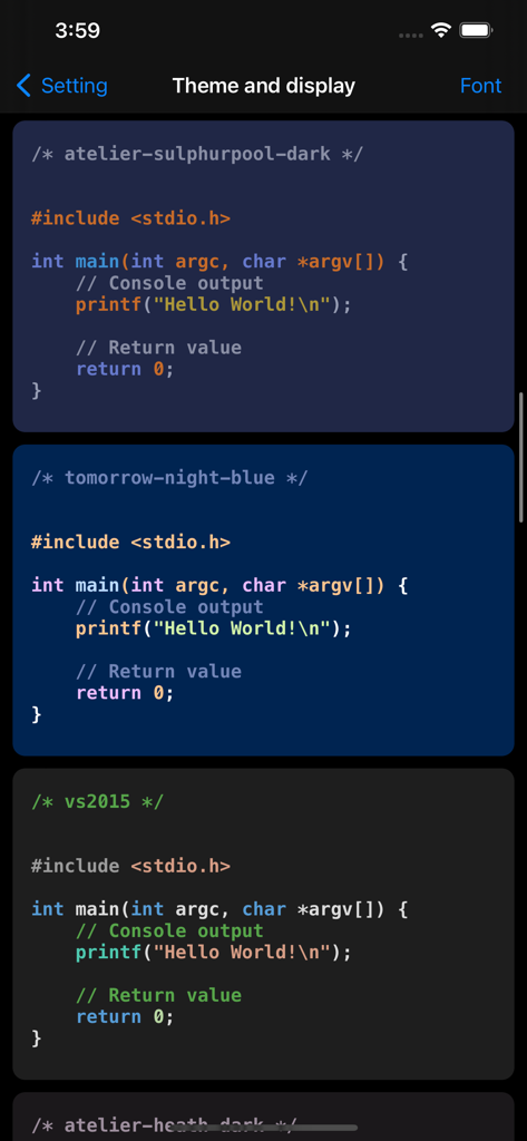 Screenshot of the C Shell app showing different code editor themes and syntax highlighting
