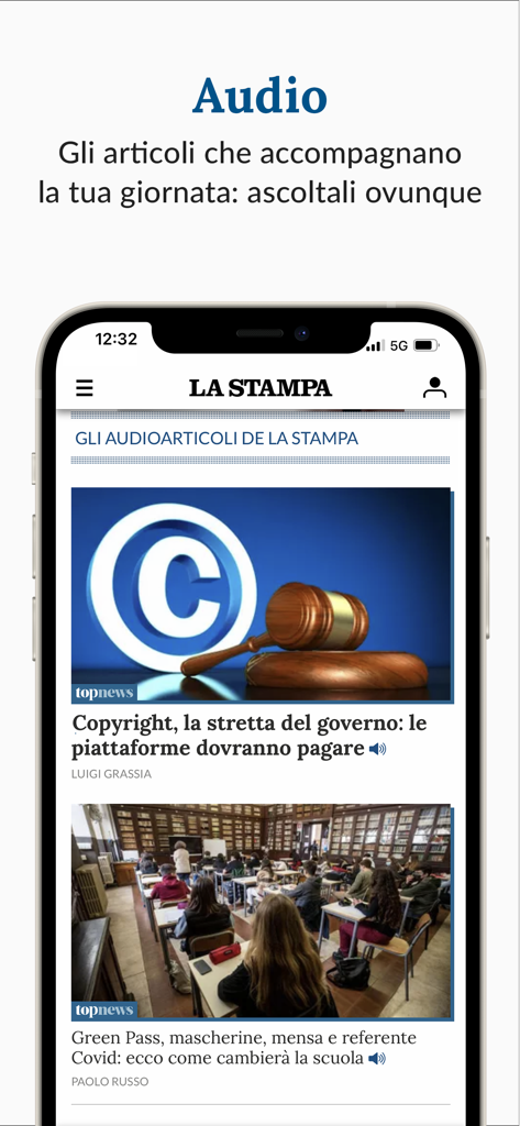 La Stampa. Notizie e Inchieste - Interface do aplicativo móvel La Stampa mostrando o recurso de artigos em áudio para ouvir atualizações de notícias.