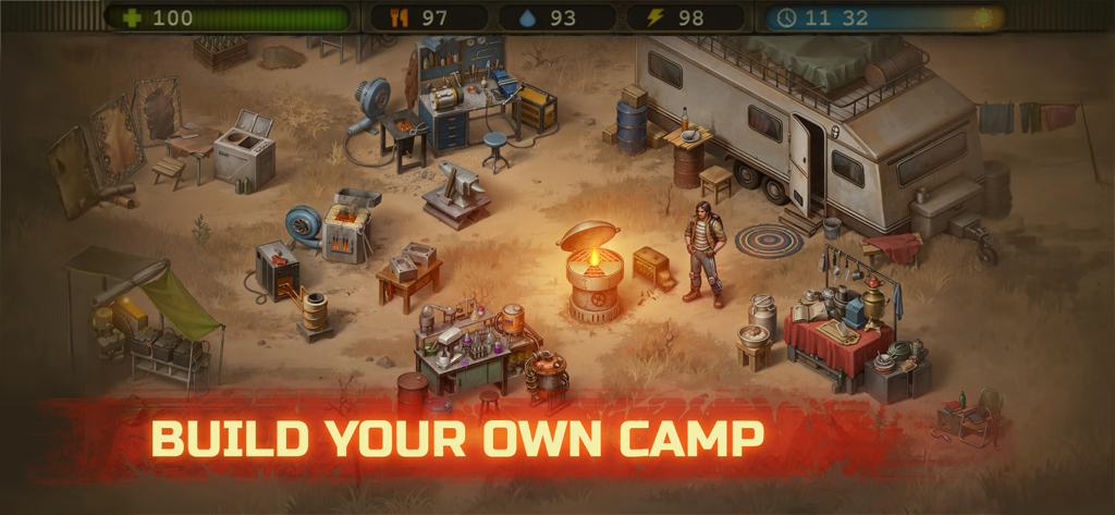 Day R Survival: Last Survivor - A survival camp with crafting stations and a trailer in a post apocalyptic setting