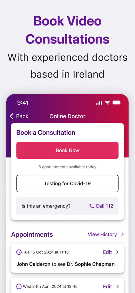 Vhi - Interface of the Vhi app showing the Online Doctor feature for booking video consultations and viewing upcoming appointments.