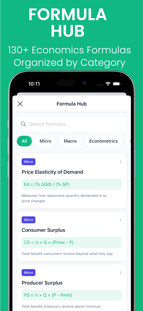Economics AI: Homework Helper - Economics AI app Formula Hub displaying microeconomics formulas like price elasticity and consumer surplus