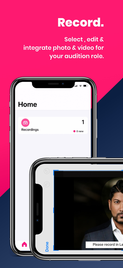 Mobile interface of Actor App by Casting Workbook showing video recording and audition management features
