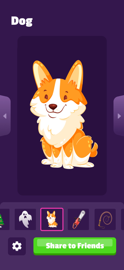 Mobile app screen showing a cartoon dog illustration as a selectable prank sound