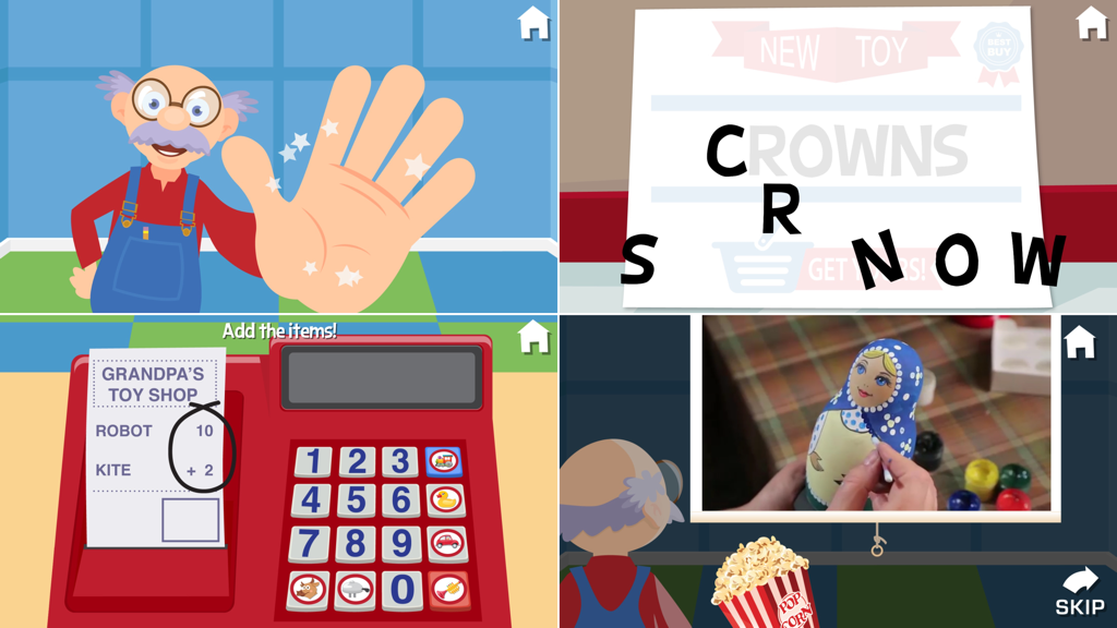 Grandpa's Toy Shop - Collage of four educational games from Grandpas Toy Shop showing math addition spelling toy design videos and the high-fiving grandpa character