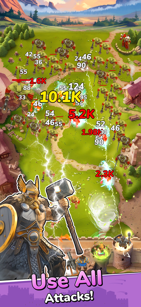 Boom Castle: Tower Defense TD - Un héroe vikingo usando ataques de rayos y magia para defender un castillo de oleadas de orcos en la jugabilidad de Boom Castle.