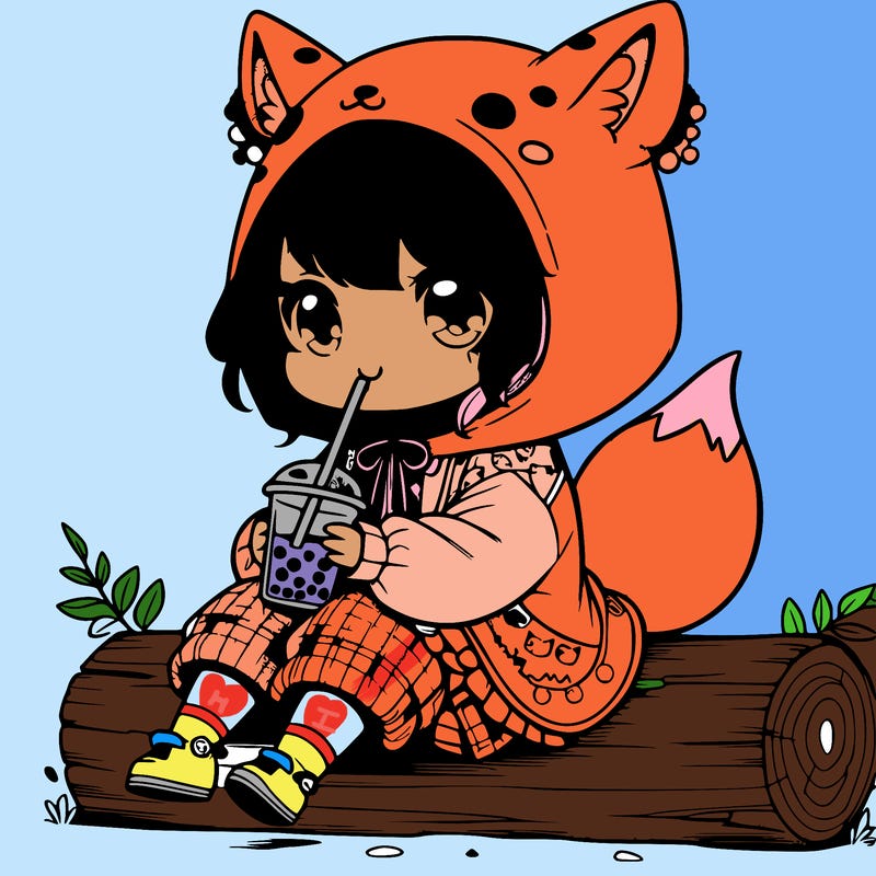 a cute anime realistic girl who is wearing a cute fox onesie and is drinking boba sitting on a log