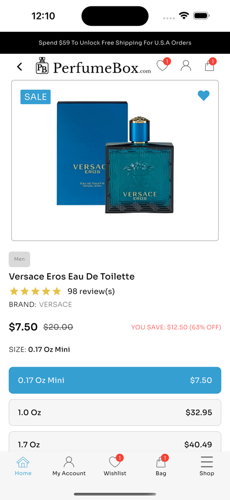 The PerfumeBox - Die The PerfumeBox mobile App zeigt eine Produktseite für Versace Eros Eau De Toilette mit einem Rabatt auf die Mini-Größe.