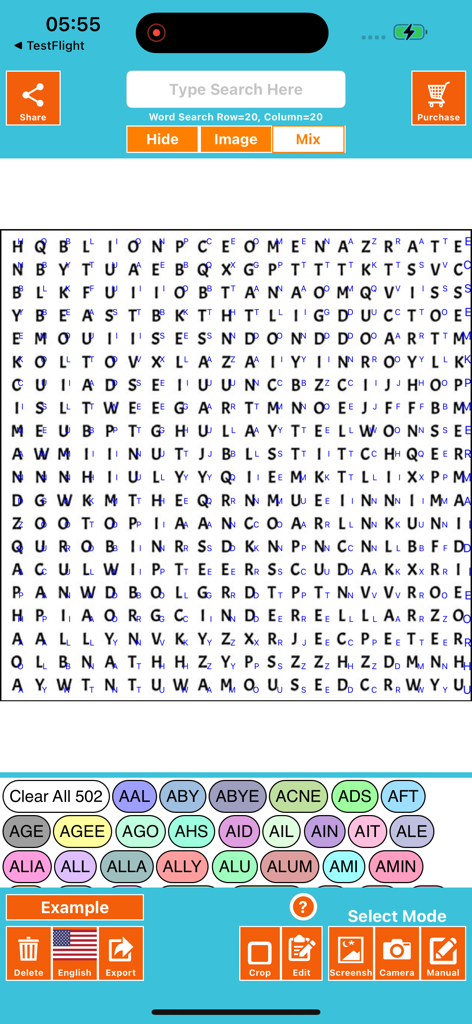 Word Search Solver AI Omniglot - Mobile app interface of Word Search Solver AI showing a 20 by 20 letter grid with found words highlighted and a list of answers at the bottom