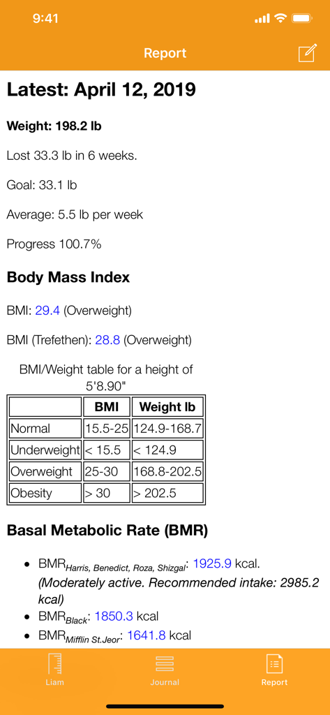 Comprehensive health report in the Weight app showing weight loss progress, BMI table, and BMR calculations.