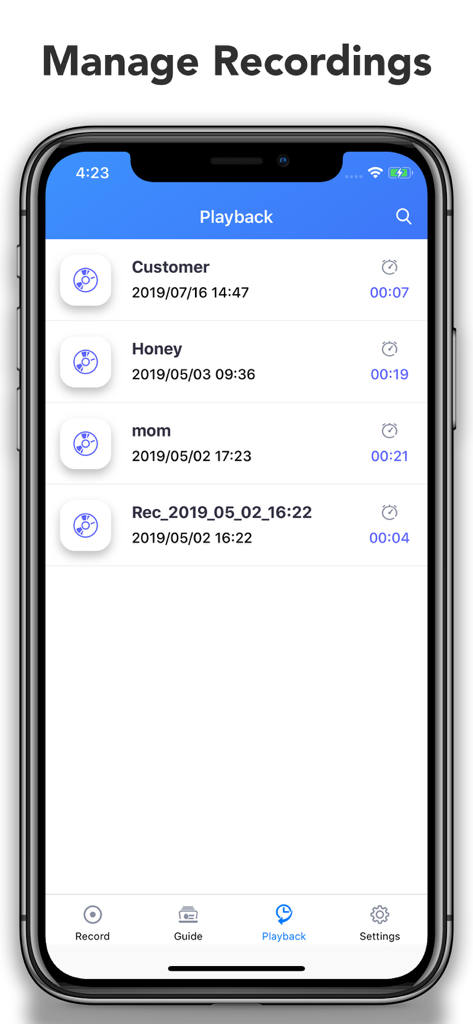 Écran d'iPhone montrant la section de lecture d'une application d'enregistrement d'appels avec une liste d'appels sauvegardés et étiquetés