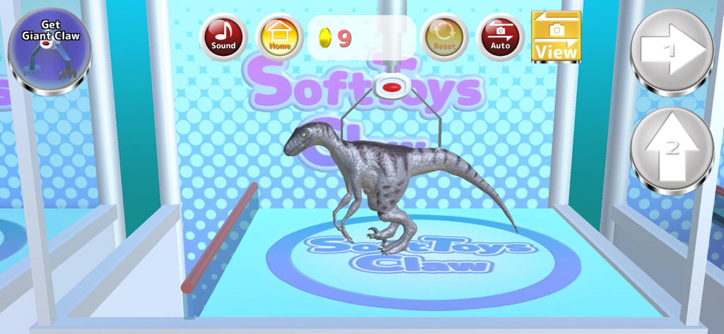 Soft Toys Claw : Claw Machine - Juego de máquina de garra 3D mostrando un peluche de dinosaurio y controles del juego
