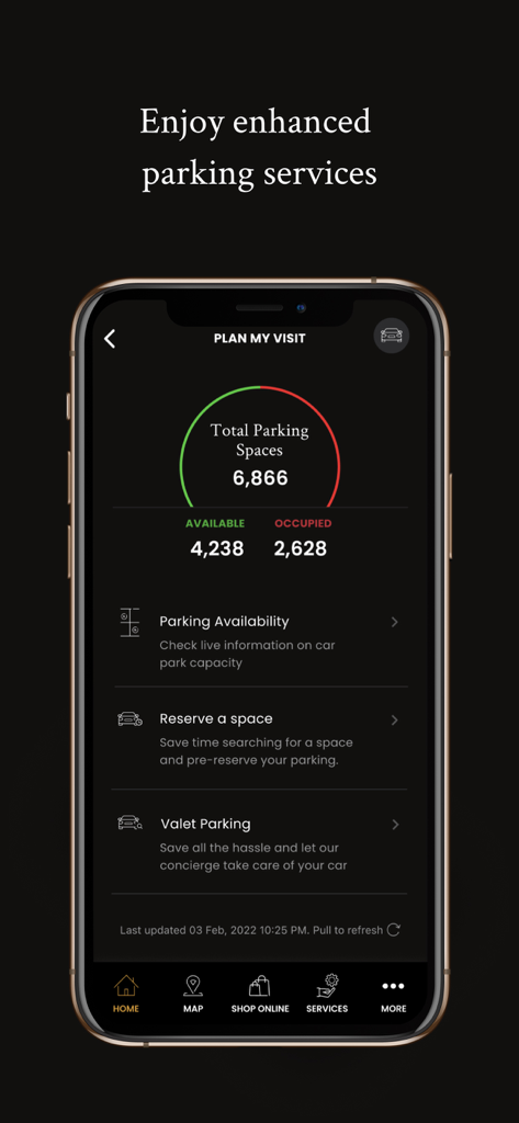Mobile app screen showing real-time parking availability and reservation options for Mall of the Emirates
