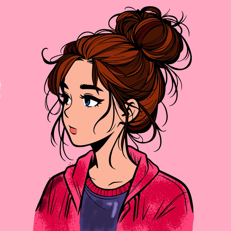 realistic teenage girl with a messy bun