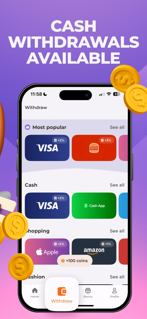Écran de l'application Scrambly affichant les options de retrait de récompenses, y compris les cartes-cadeaux Visa, Cash App et Amazon.
