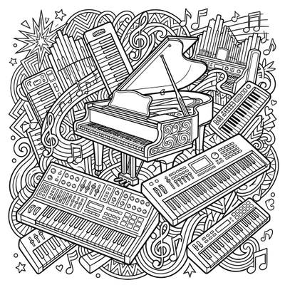 Explore the complex world of music with this dynamic coloring page featuring a variety of keyboard instruments, perfect for creative teens. Immerse yourself in the detailed arrangement of pianos, organs, and synthesizers, surrounded by cool musical motifs.