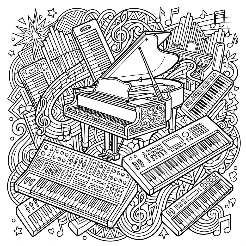 Keyboard Instruments Coloring Page for Teens | Music Art