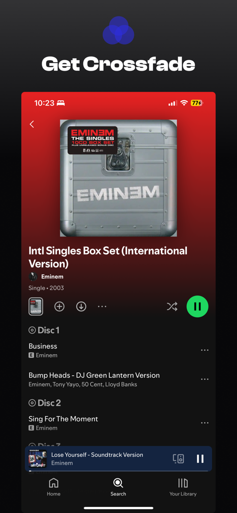 Crossfade - Interface do aplicativo Crossfade mostrando integração perfeita de descoberta musical com a página de álbum do Spotify
