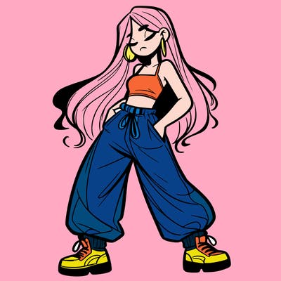 girl in baggy pants crop top and long hair