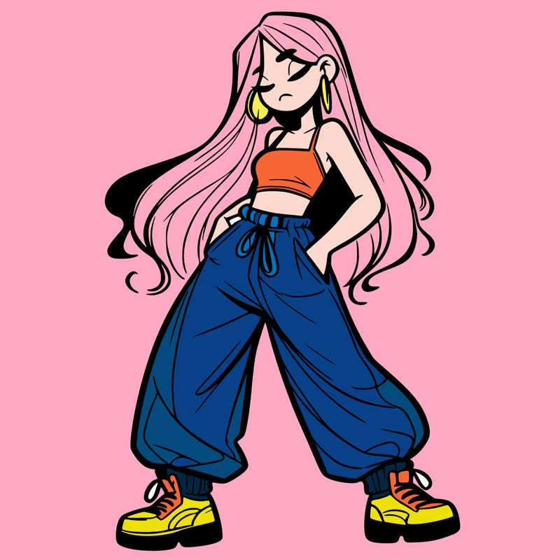 girl in baggy pants crop top and long hair