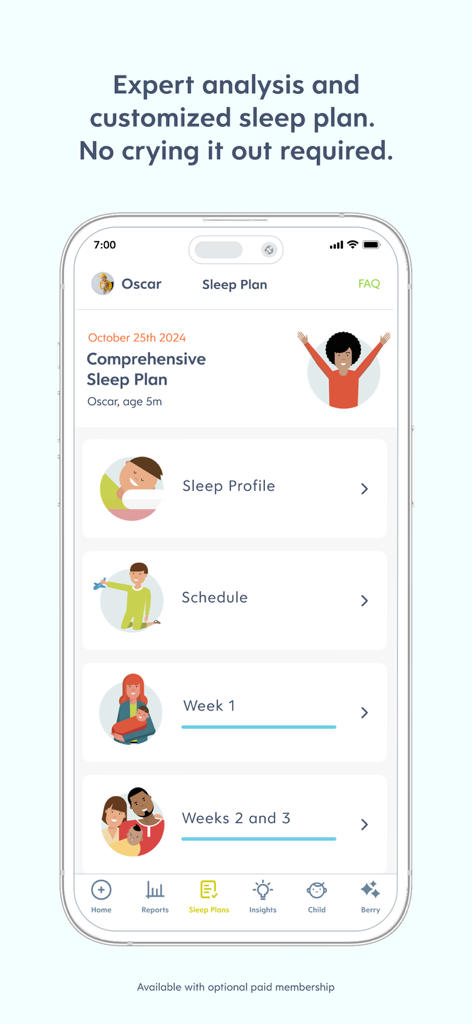 Huckleberry: Baby & Child - 睡眠プロファイル、スケジュール、週ごとの進捗状況を含む包括的な赤ちゃんの睡眠プランを表示したHuckleberryアプリのインターフェース。