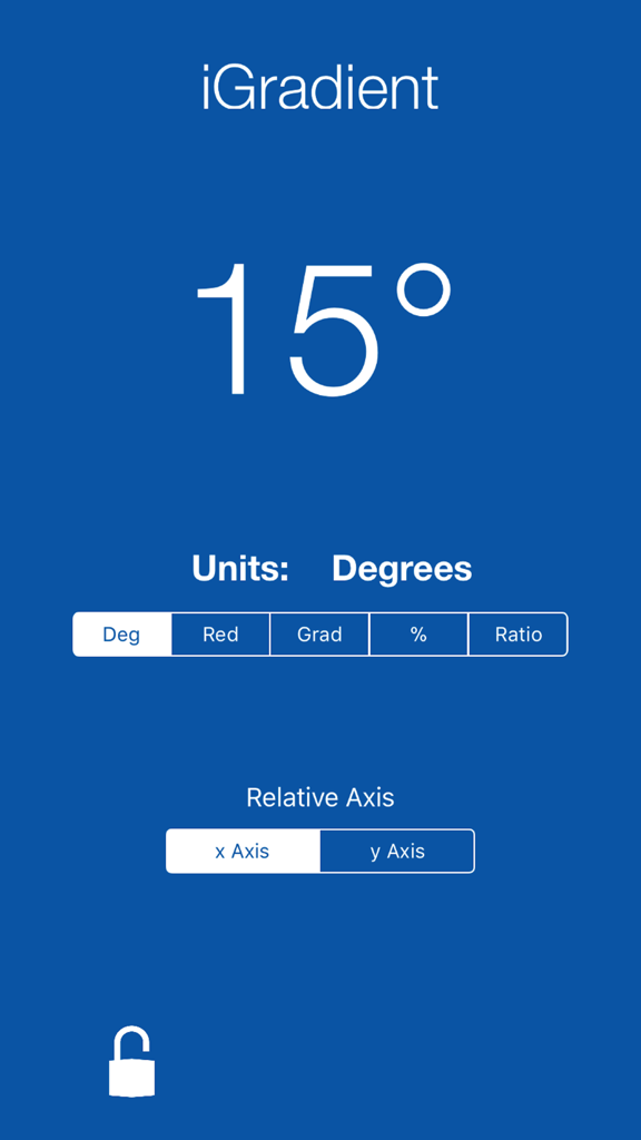 iGradient app showing a 15 degree measurement with unit and axis options