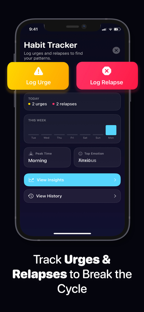 Rewired app habit tracker screen displaying logs for urges and relapses with weekly data analytics.