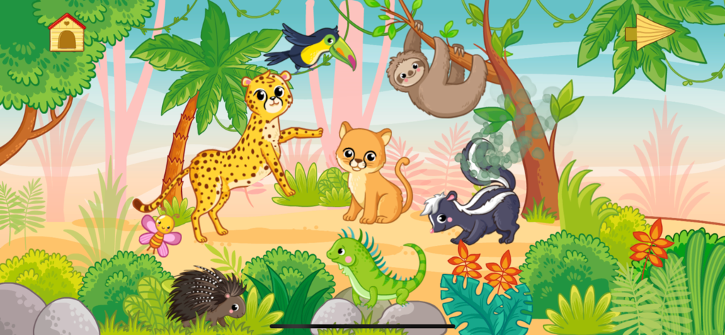 Baby animal games for kids - Cartoon animals from South America including a jaguar, sloth, and toucan in a jungle setting