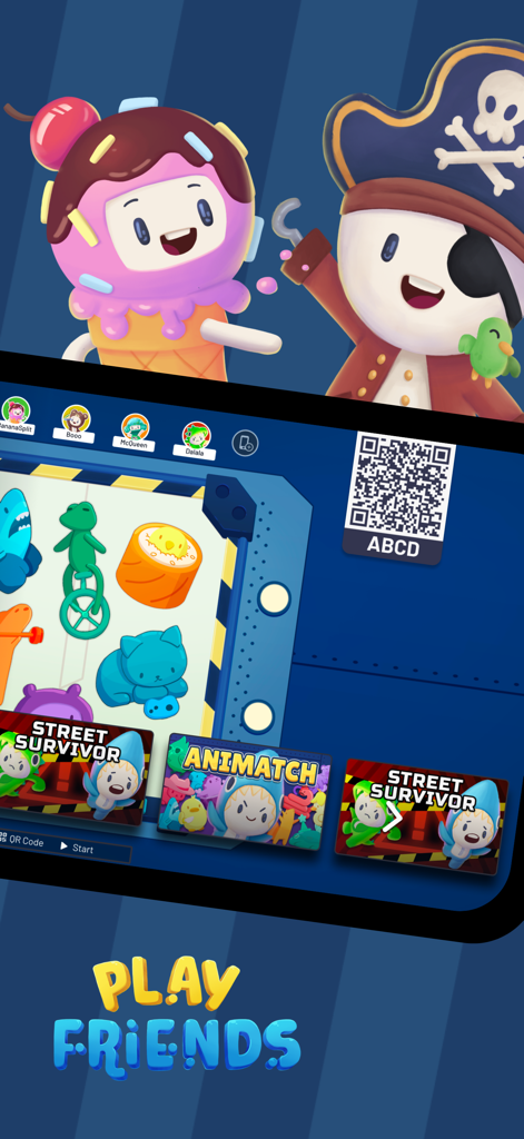 Play Friends: Party Games - Play Friends lobby menu showing available mini games and a QR code to join with friends.