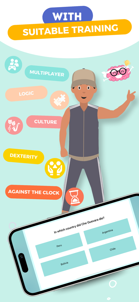 CLINT, your brain coach - CLINT brain coach app interface showing cognitive training categories and a culture trivia question.
