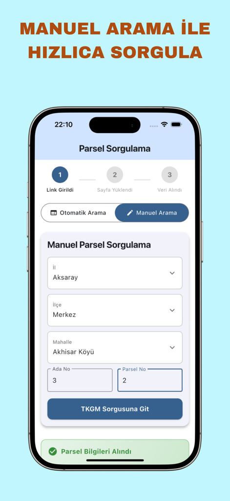 Manual search interface of Parsel Sorgu app for querying Turkish land parcels