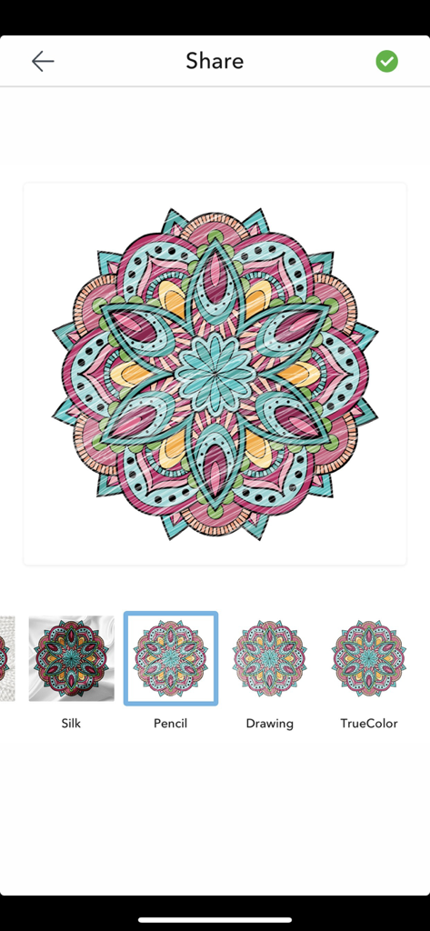A finished colorful mandala design on the share screen of an adult coloring app showing various texture filters