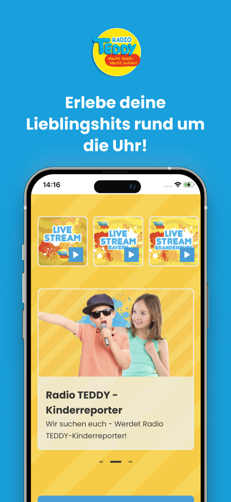 Radio TEDDY - The Radio TEDDY mobile app interface showing live stream options and educational programs for children