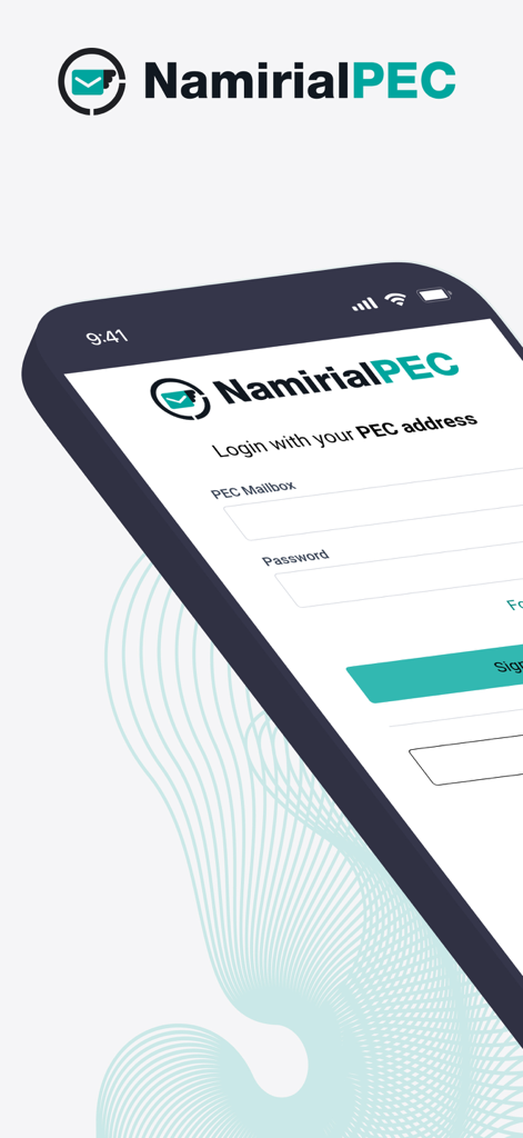 Schermata di accesso dell'app Namirial PEC che mostra i campi per la casella PEC e la password