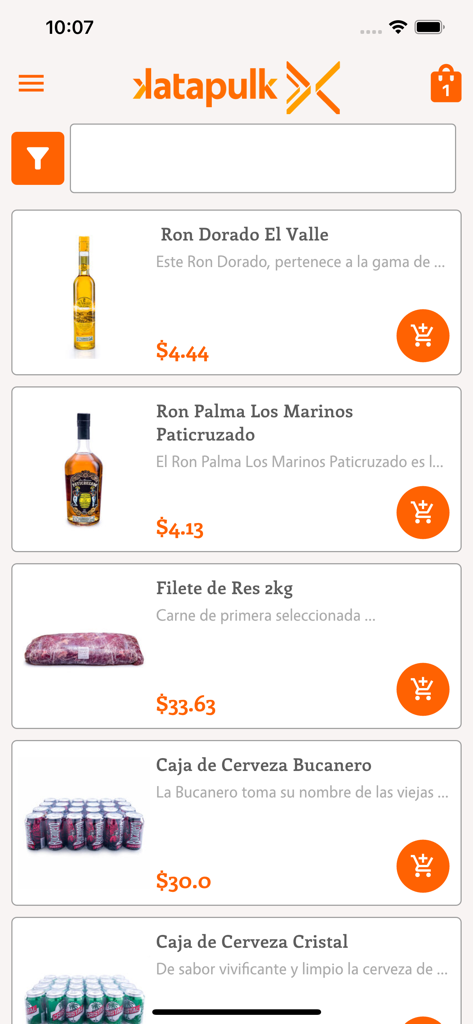 Katapulk - Katapulk mobile marketplace screen showing a list of products like rum beef and beer for delivery to Cuba