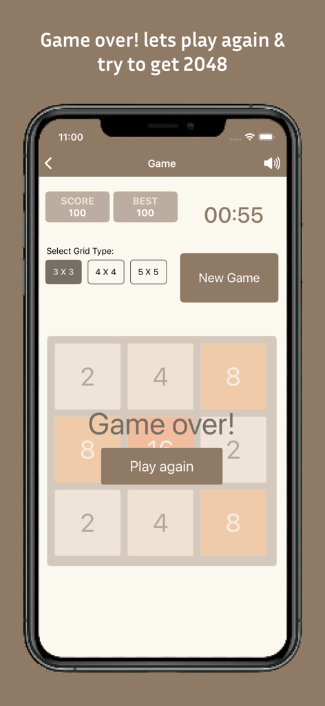 A screenshot of the 2048 number puzzle game showing a game over message on a 3x3 grid