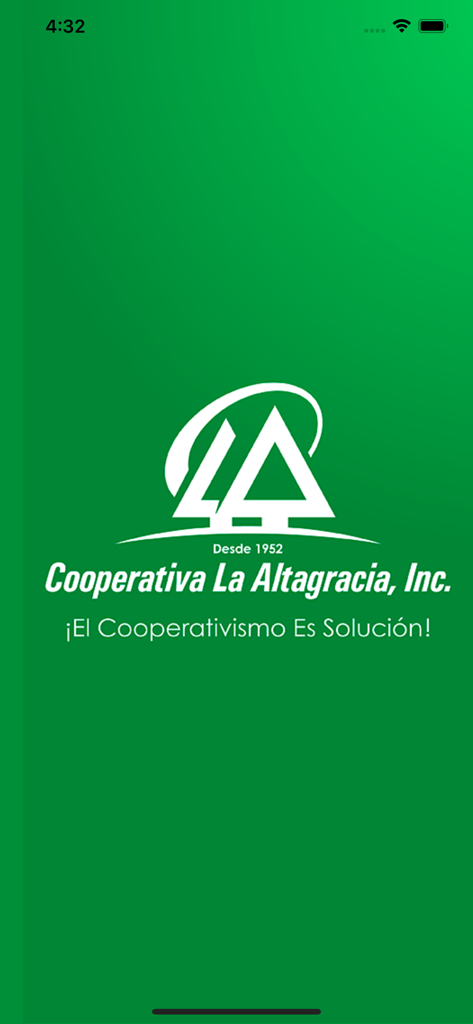 Cooperativa La Altagracia mobile app splash screen featuring the logo and brand slogan on a solid green background